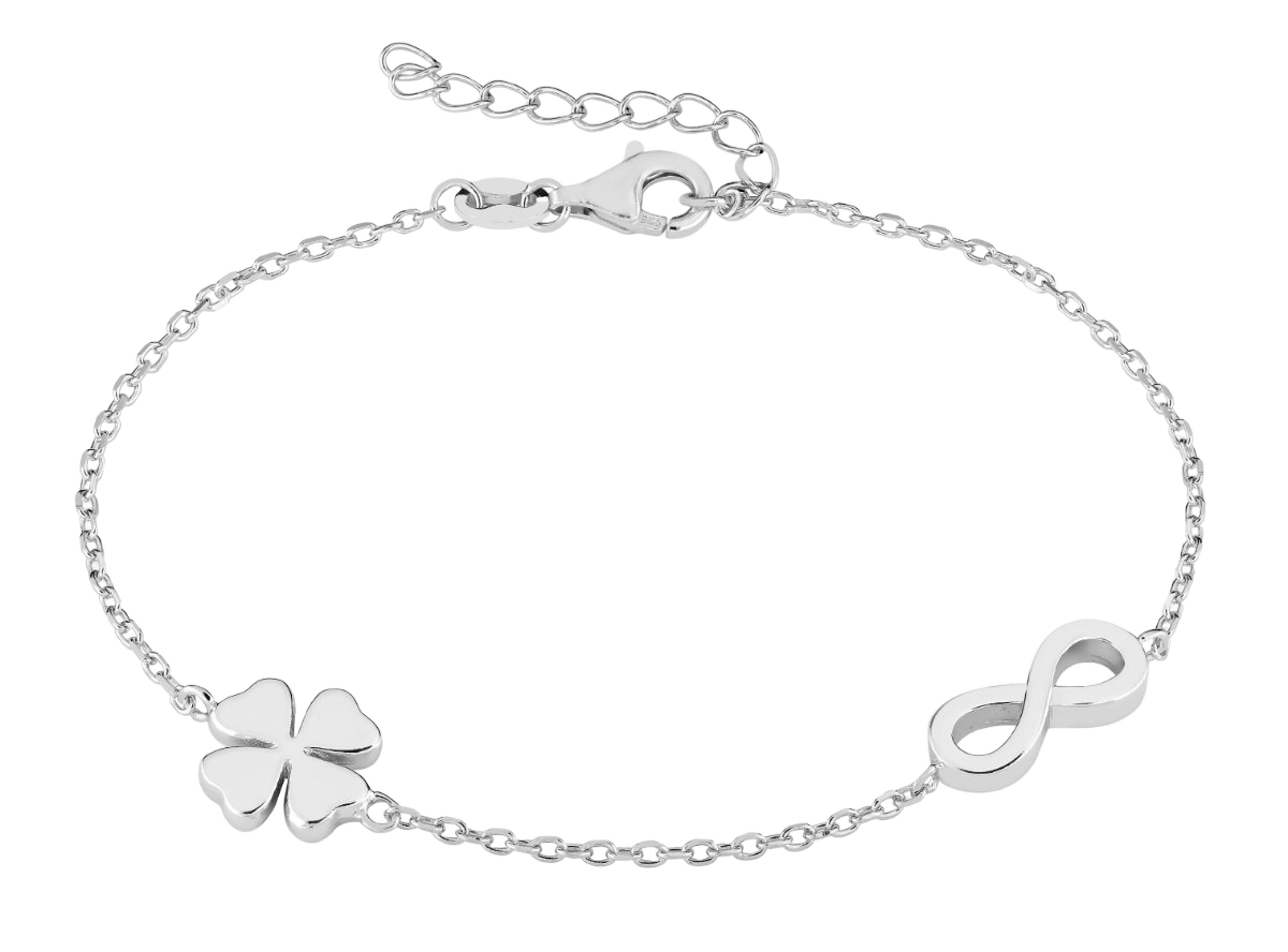 Lykken Casuals sydän ja neliapila hopearannekoru 17+3cm