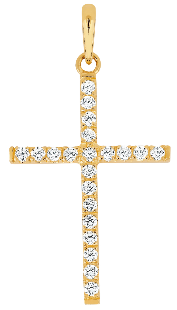 Lykken Crosses kultainen ristiriipus zirkonioilla 23 x 15 mm