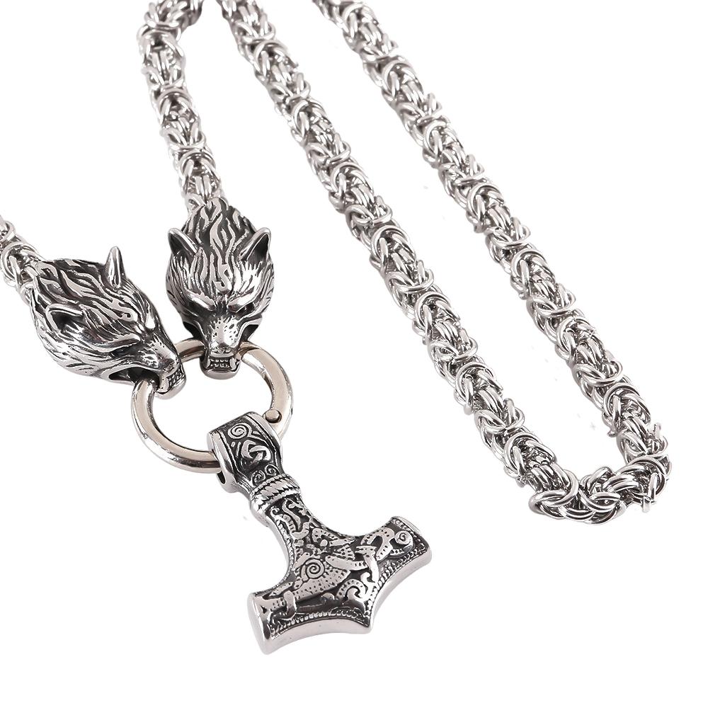 Lykken Viking Mjölnir ja Geri ja Freki hopea teräskaulakoru 60 cm