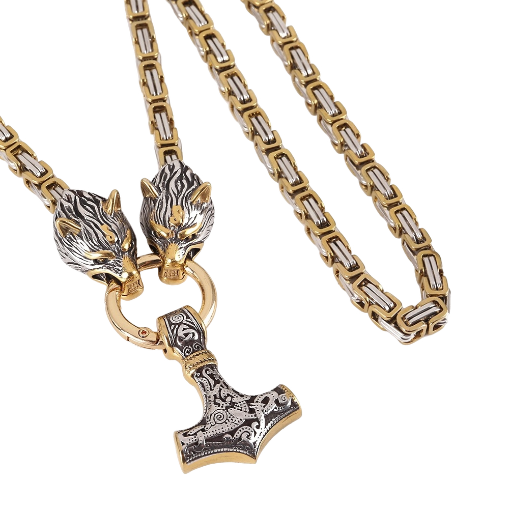 Lykken Viking Mjölnir ja Geri ja Freki kulta-hopea teräskaulakoru 60 cm