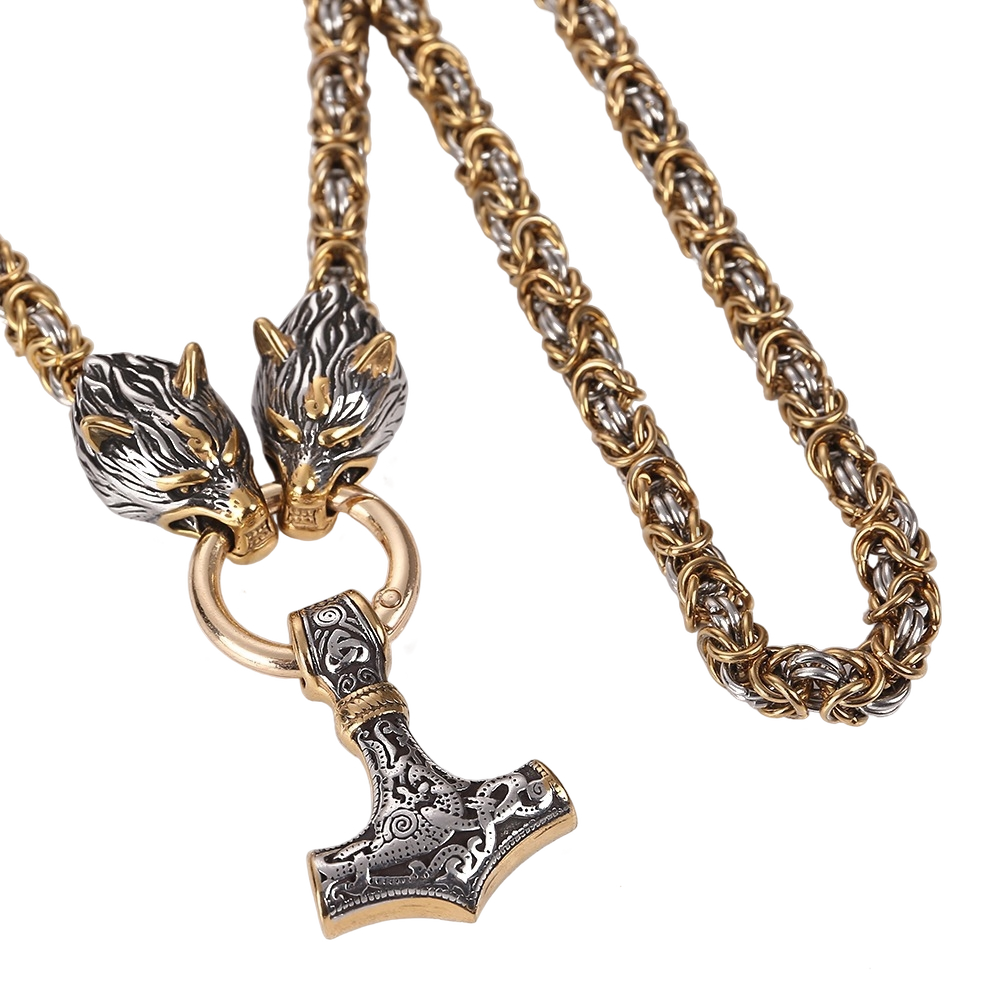 Lykken Viking Thorin vasara ja Geri ja Freki kulta-hopea teräskaulakoru 60 cm