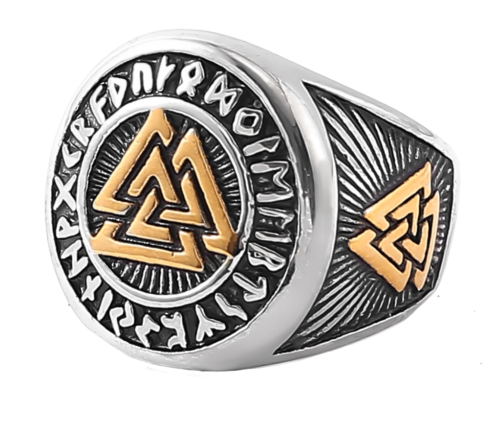 Lykken Viking Valknut kulta-hopea terässormus