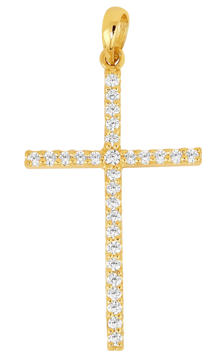 Lykken Crosses kultainen ristiriipus zirkonioilla 28 x 16 mm