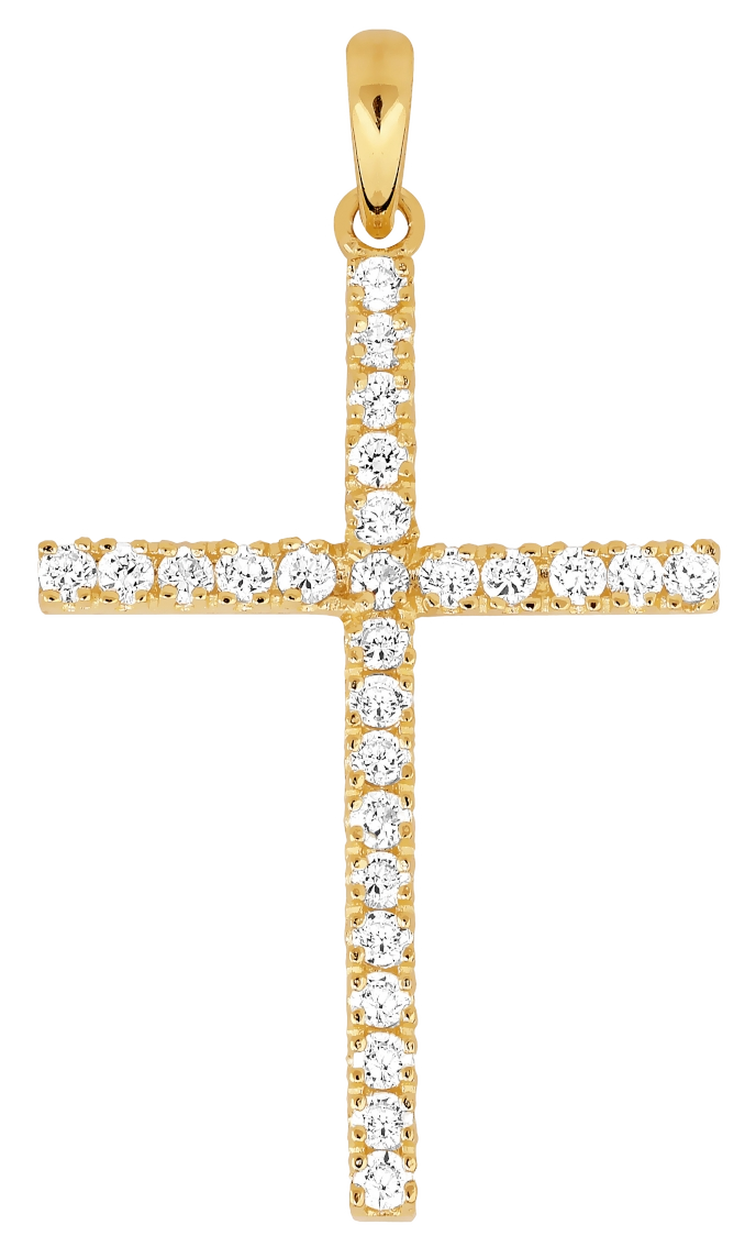 Lykken Crosses kultainen rippiristi zirkonioilla 32 x 21 mm