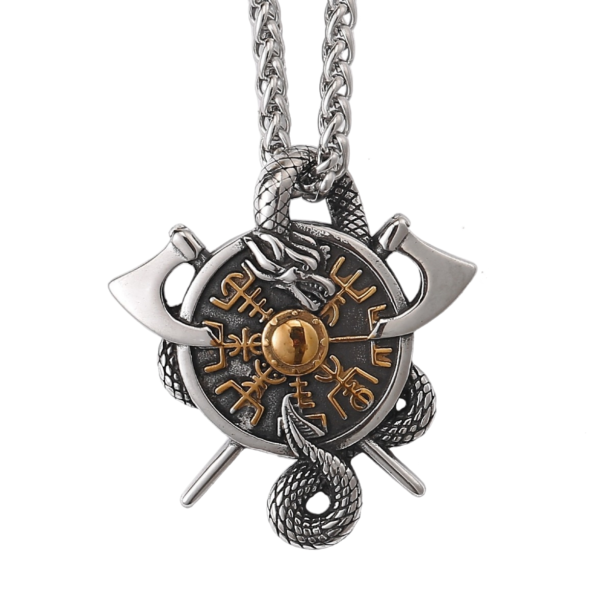 Lykken Viking Jörmungandr Vegvisir gold teräskaulakoru 60 cm