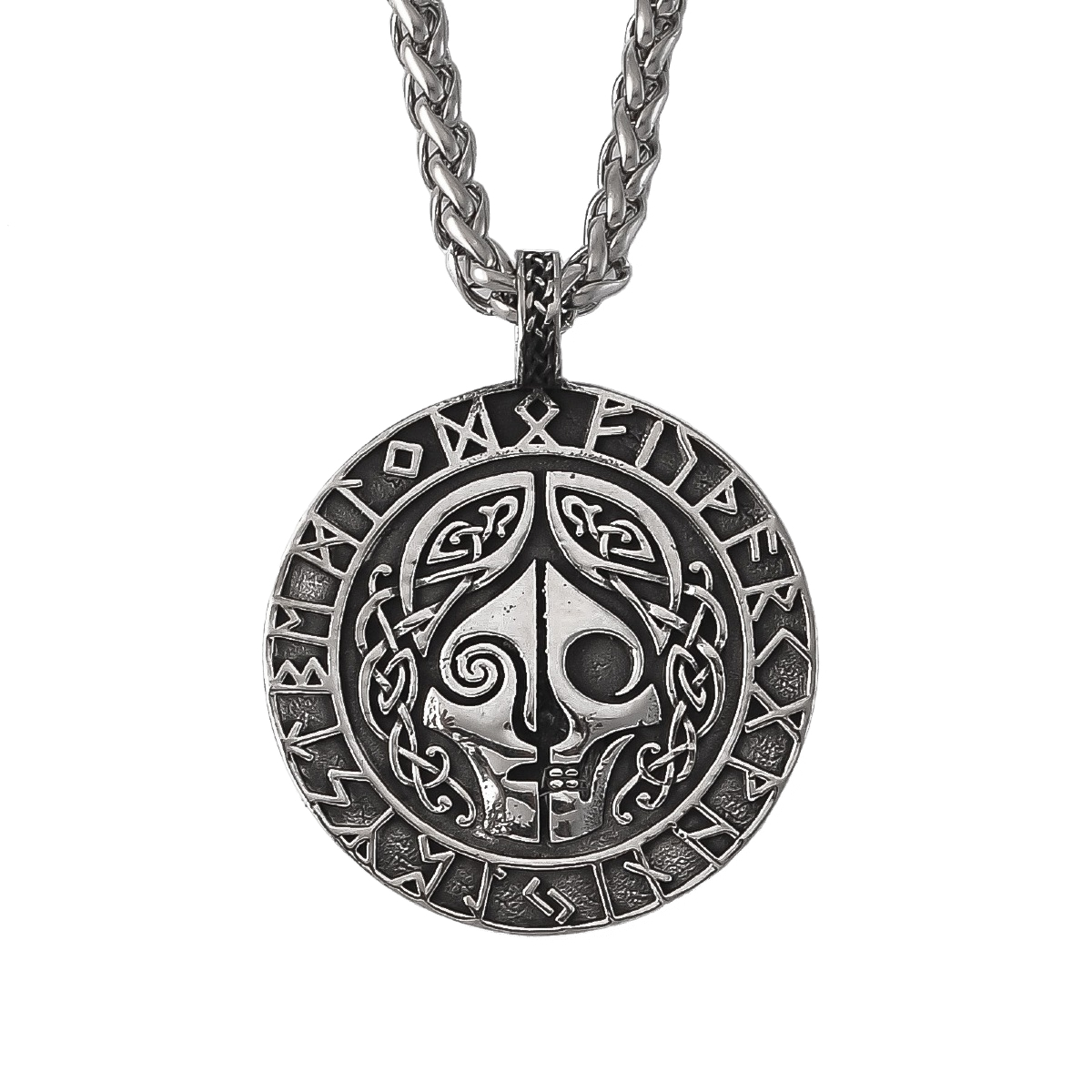 Lykken Viking skull and runes silver teräskaulakoru 60 cm