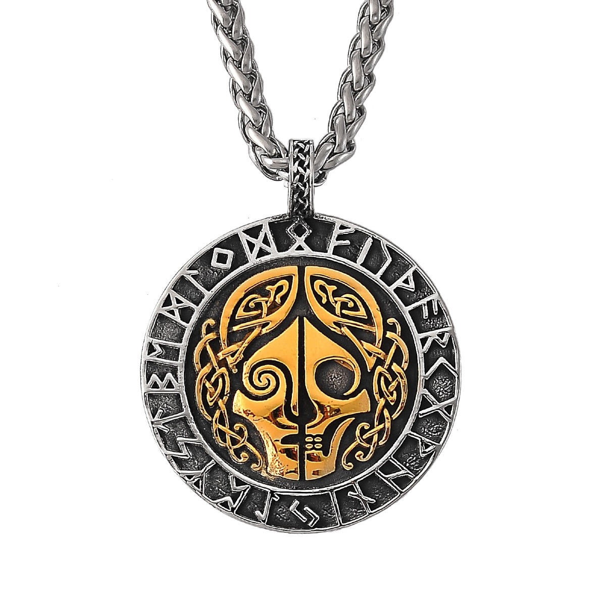 Lykken Viking skull and runes gold teräskaulakoru 60 cm