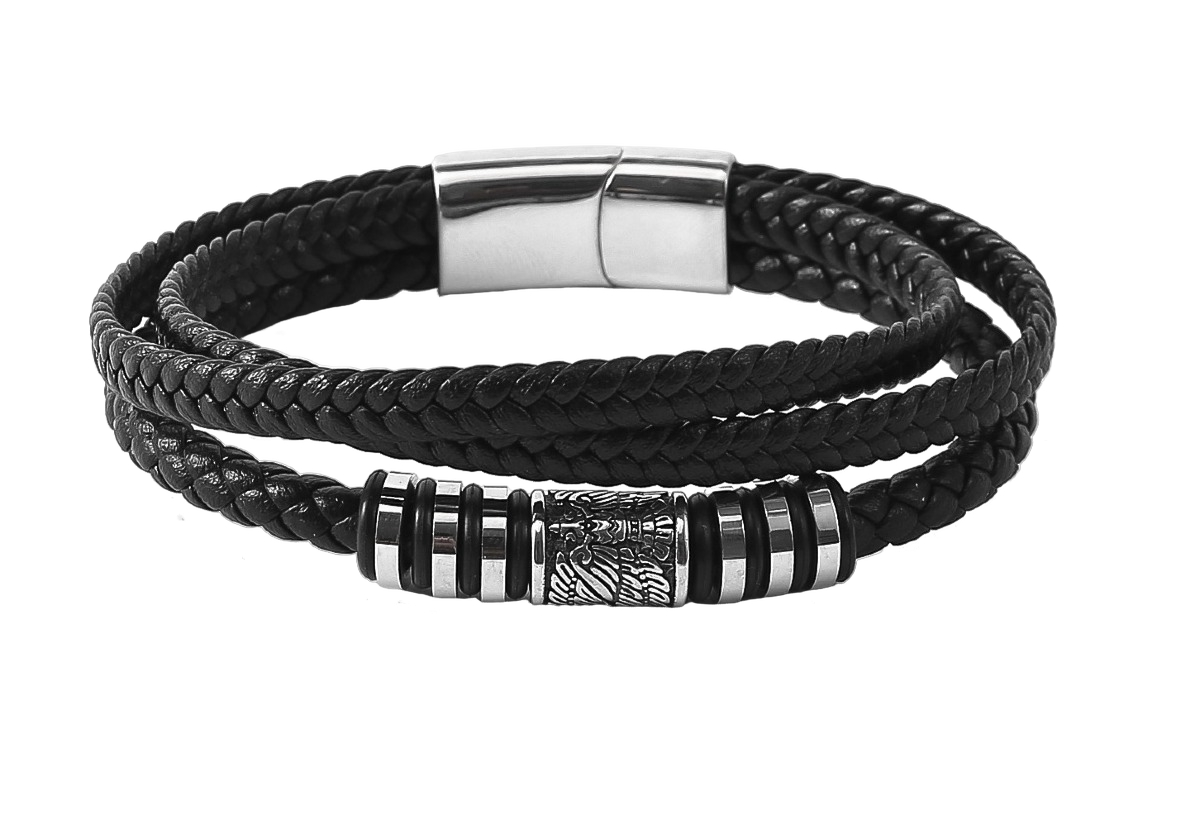Lykken Viking Raven nahka-teräsrannekoru