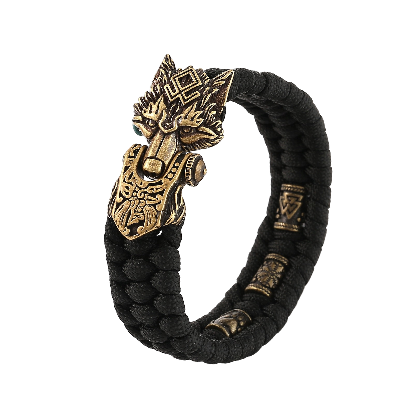 Lykken Viking Fenrir musta-kulta nylon-teräsrannekoru